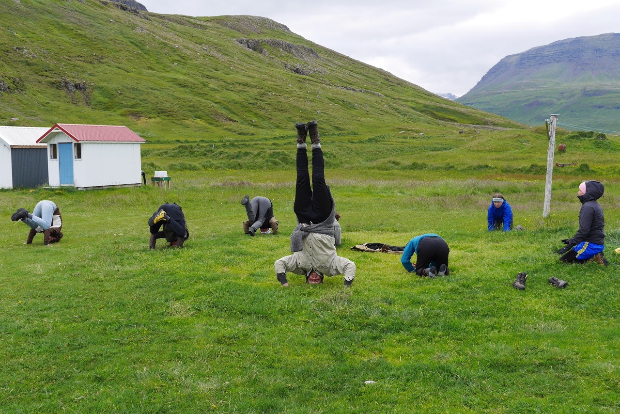 Students on a field in Iceland doing headstands.