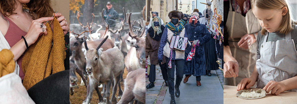 A collage of four pictures show a woman knitting on a sofa, reindeer running with their herder on the background, a procession of mummers, and young girl baking Karelian pies.